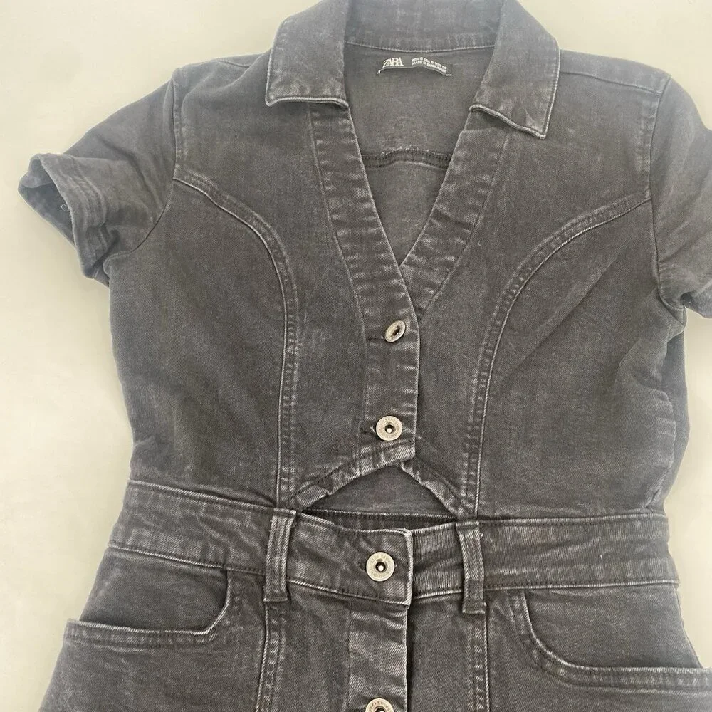Zara Size Small Black Denim Dress Button Up Short Sleeve Cutout Y2K Grunge
